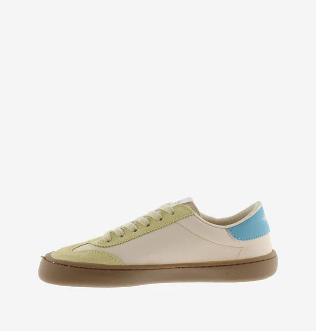 Sapatilha Victoria Barefoot OLMO de adulto em cor creme, verde pálido e azul claro, vista lateral oposta.