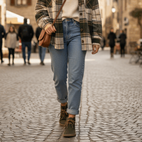 Uma mulher a caminhar numa rua de calçada, calçando as botas barefoot Baby Lobitos Adulto Militar verdes com calças de ganga.