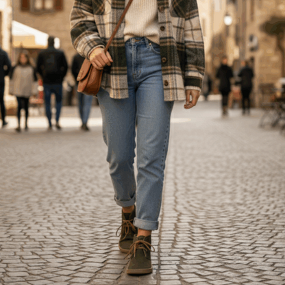 Uma mulher a caminhar numa rua de calçada, calçando as botas barefoot Baby Lobitos Adulto Militar verdes com calças de ganga.