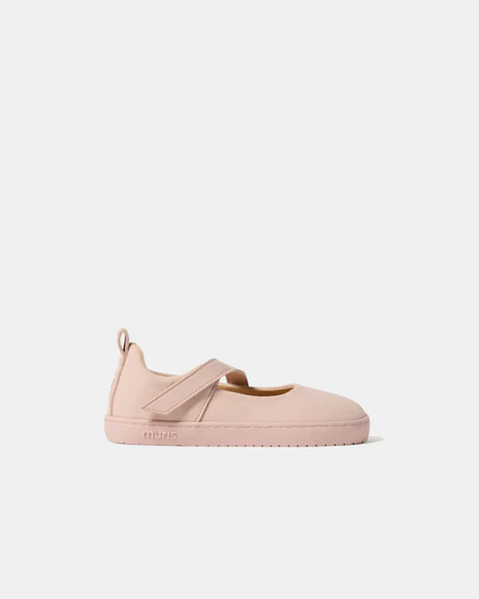 Calçado bailarina barefoot Muris Sienna rosa claro, vista lateral, com fecho de velcro.