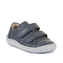 Sapatilha Froddo Barefoot em pele azul escura, estilo desportivo, com fecho de velcro duplo para ajuste fácil em pés estreitos a médios.