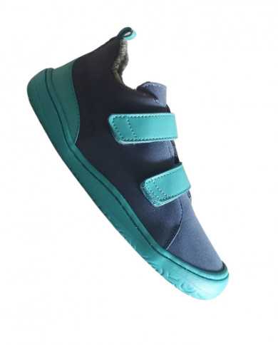 Sapato Poppis YOYO AQUA azul-escuro e turquesa em microfibra, estilo barefoot, com fecho de velcro duplo.